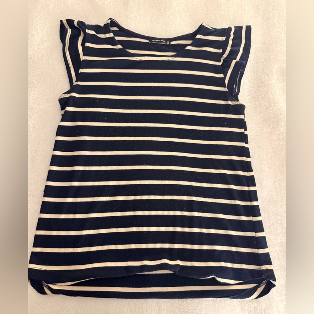 Staccato Short Sleeve Top in Navy and Cream Stripes